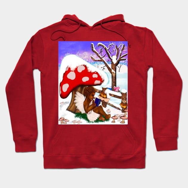 Snow covered mushroom covering Little bookworm angel boy cherub reading a book - tranquil winter scenery Hoodie by Artonmytee